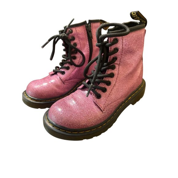 Dr. Martens Youth Pink Shimmer Lace-Up Boots With Side Zipper AirWair Sole Sz 12 - Picture 1 of 7